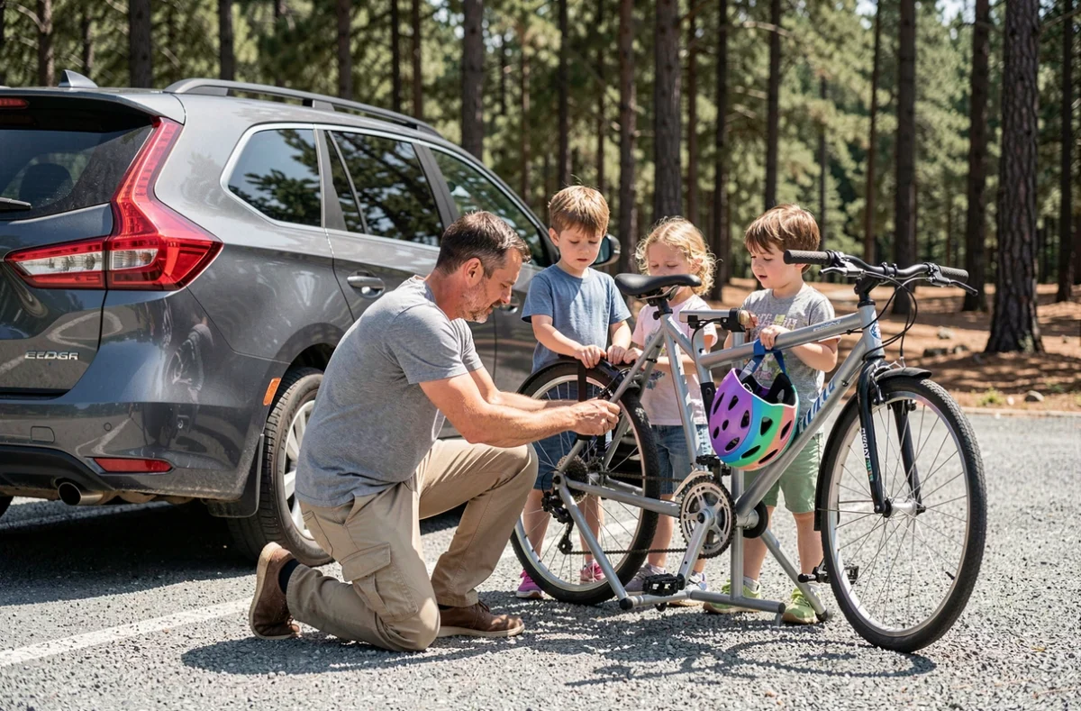 Père et enfants chargeant des vélos sur un porte-vélo 4 places sur attelage avant une sortie en forêt