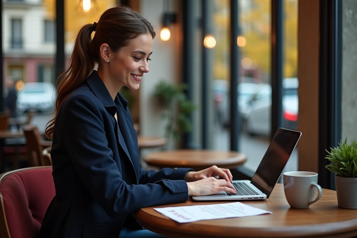 Jeune femme souriante achetant billets en ligne à Paris
