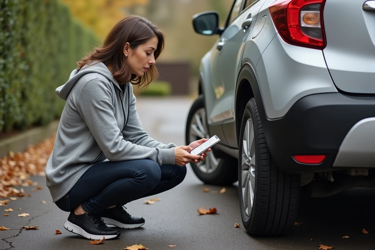 Femme consultant un calculateur de taille de pneu sur smartphone devant le pneu arrière d'un SUV garé dans une allée résidentielle
