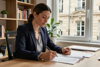 Femme comparant des contrats d'assurance auto à Nancy, assise à un bureau avec des documents imprimés