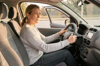 Femme conduisant une voiture sans permis de type quadricycle léger sur route