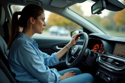 Femme concentrée dans sa voiture en regardant le tableau de bord