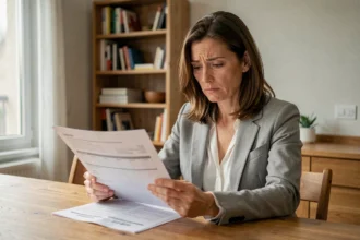 Femme consultant son contrat d'assurance auto à la table de sa cuisine pour savoir si elle peut suspendre ses garanties
