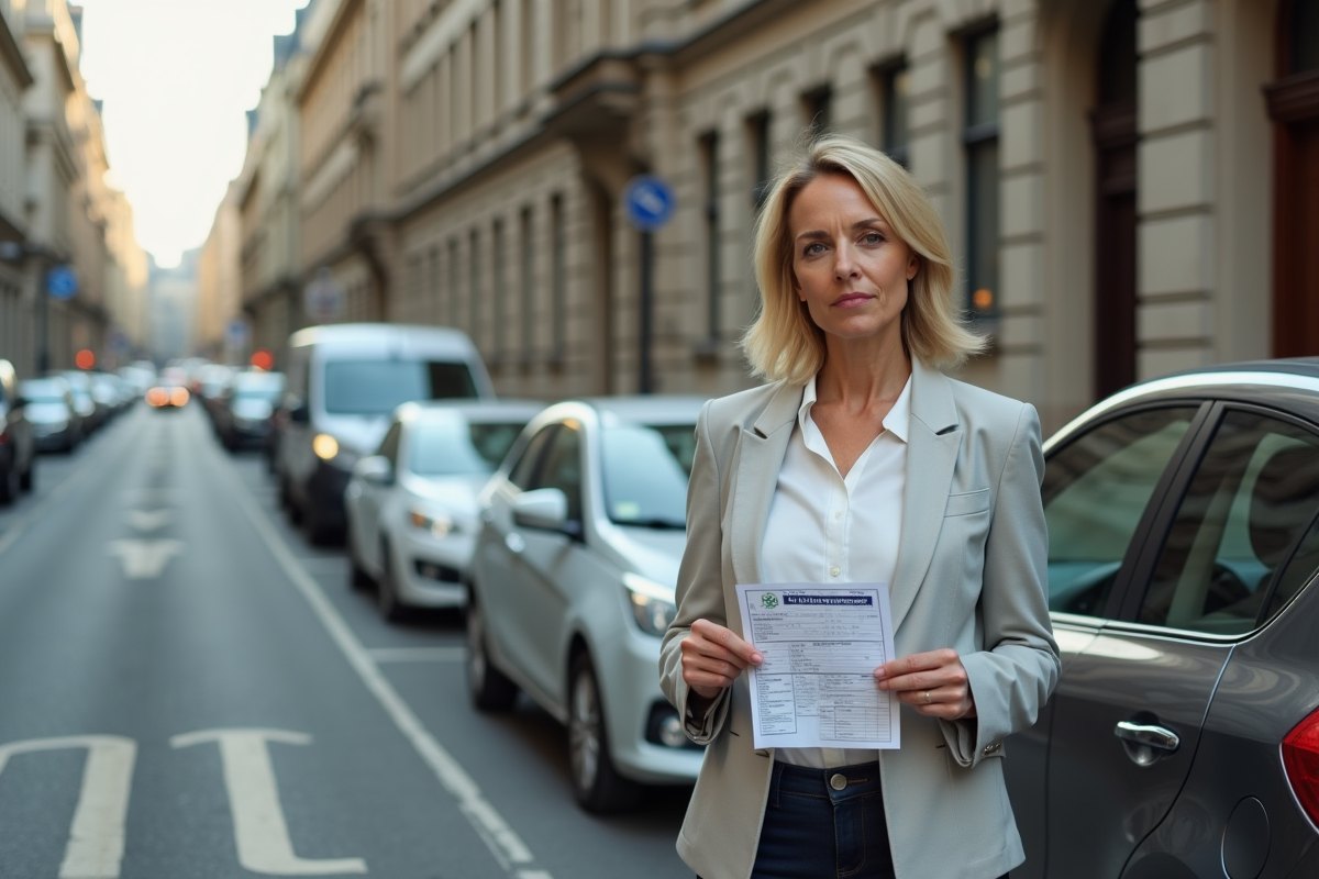 Femme debout à côté de sa voiture avec une contravention dans une rue urbaine