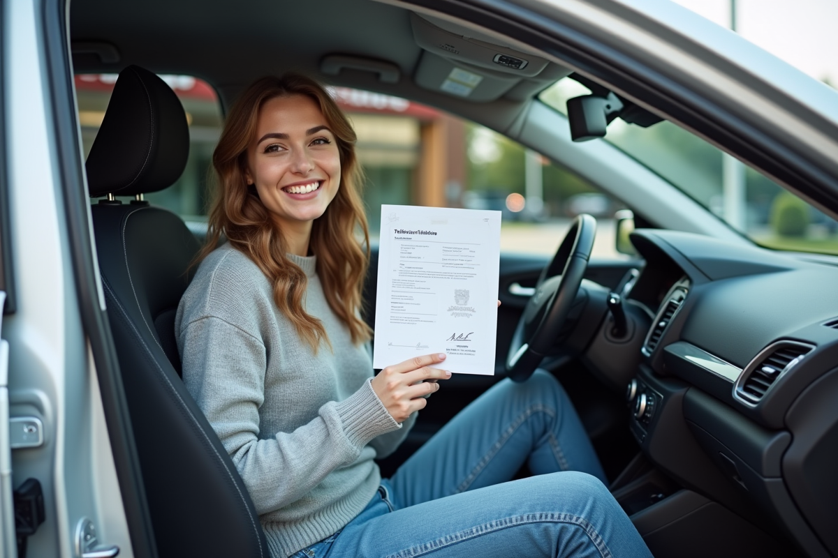 Jeune femme souriante avec certificat de controle auto