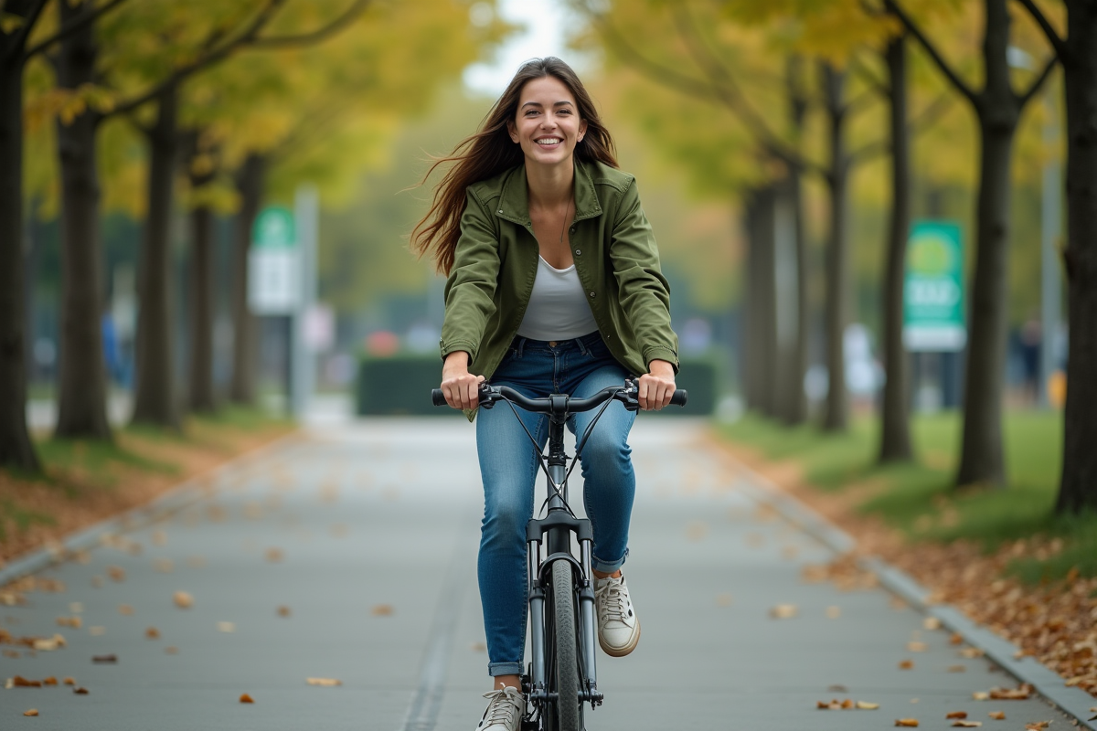 Jeune femme à vélo sur un chemin urbain vert