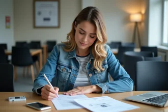 Femme remplissant une demande de carte grise dans un bureau français