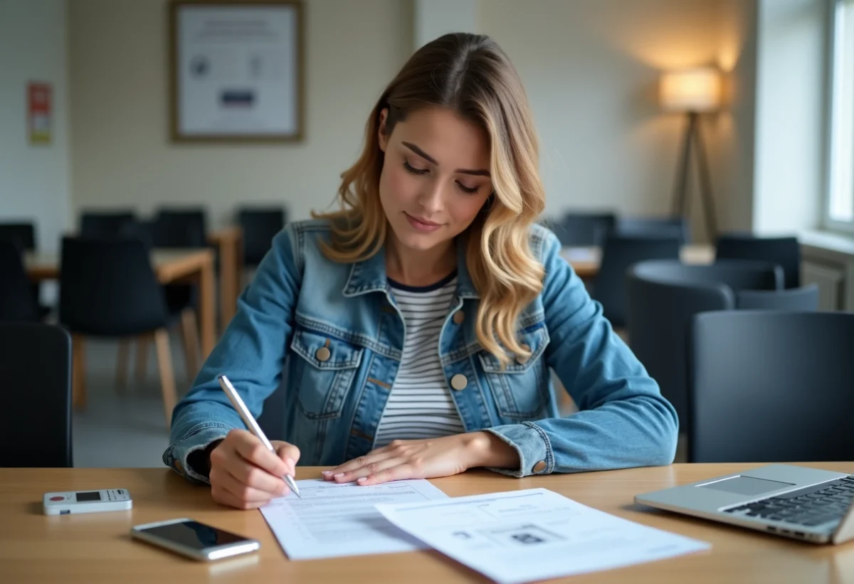 Femme remplissant une demande de carte grise dans un bureau français
