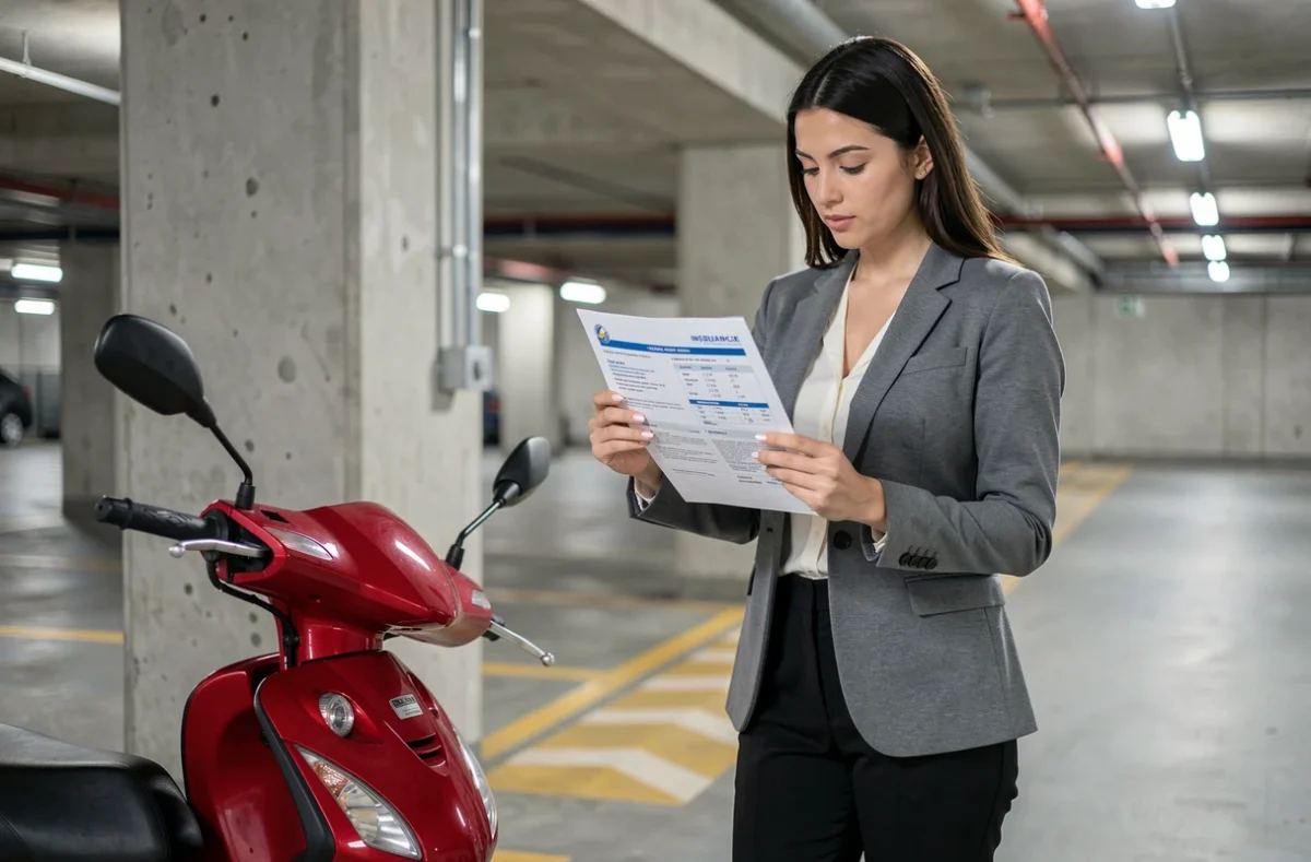 Femme comparant des devis d'assurance scooter 125 dans un parking souterrain