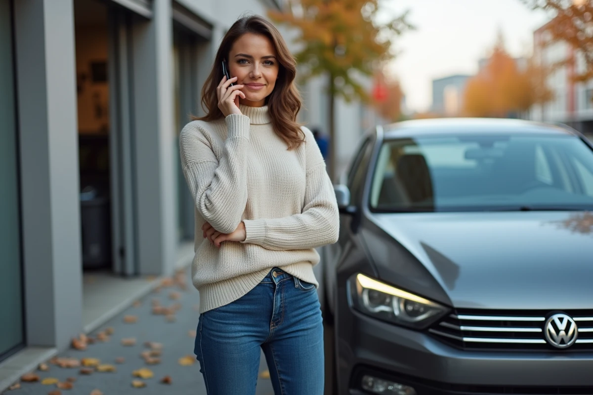 Femme discutant au téléphone près de sa voiture