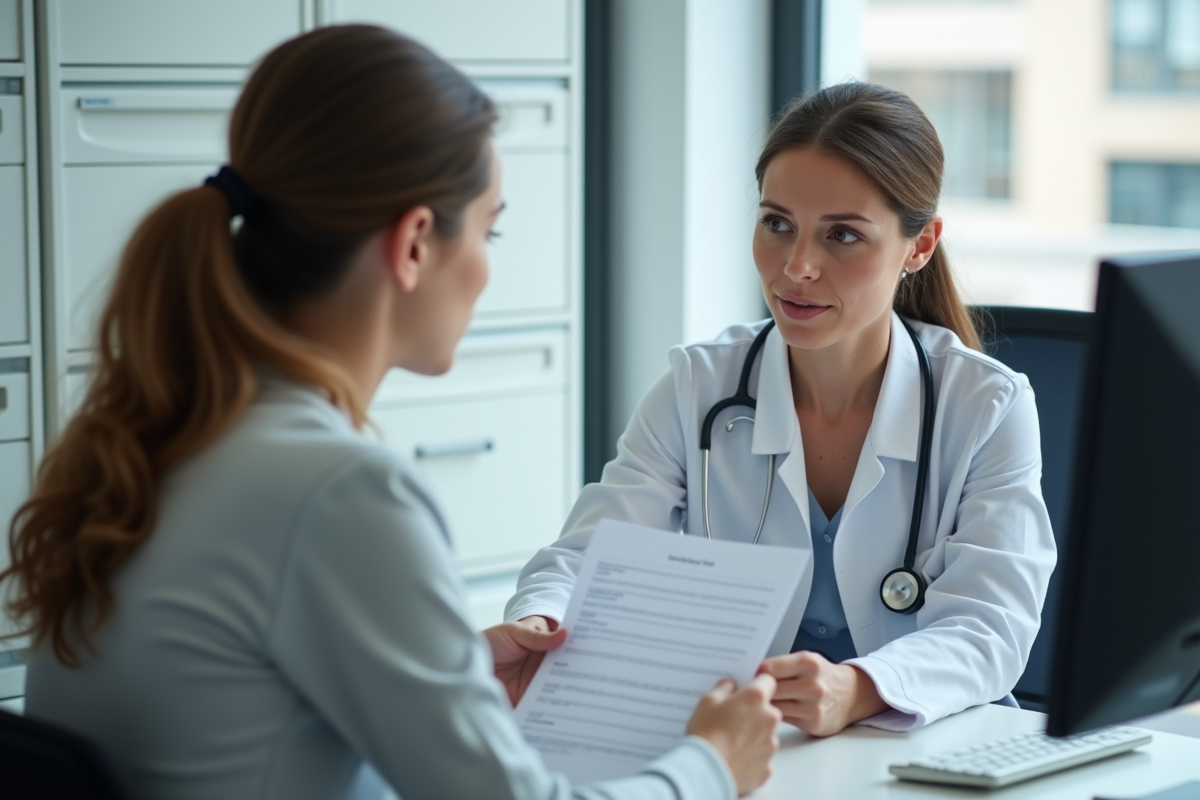 Doctoresse examinant des formulaires avec une patiente dans un cabinet