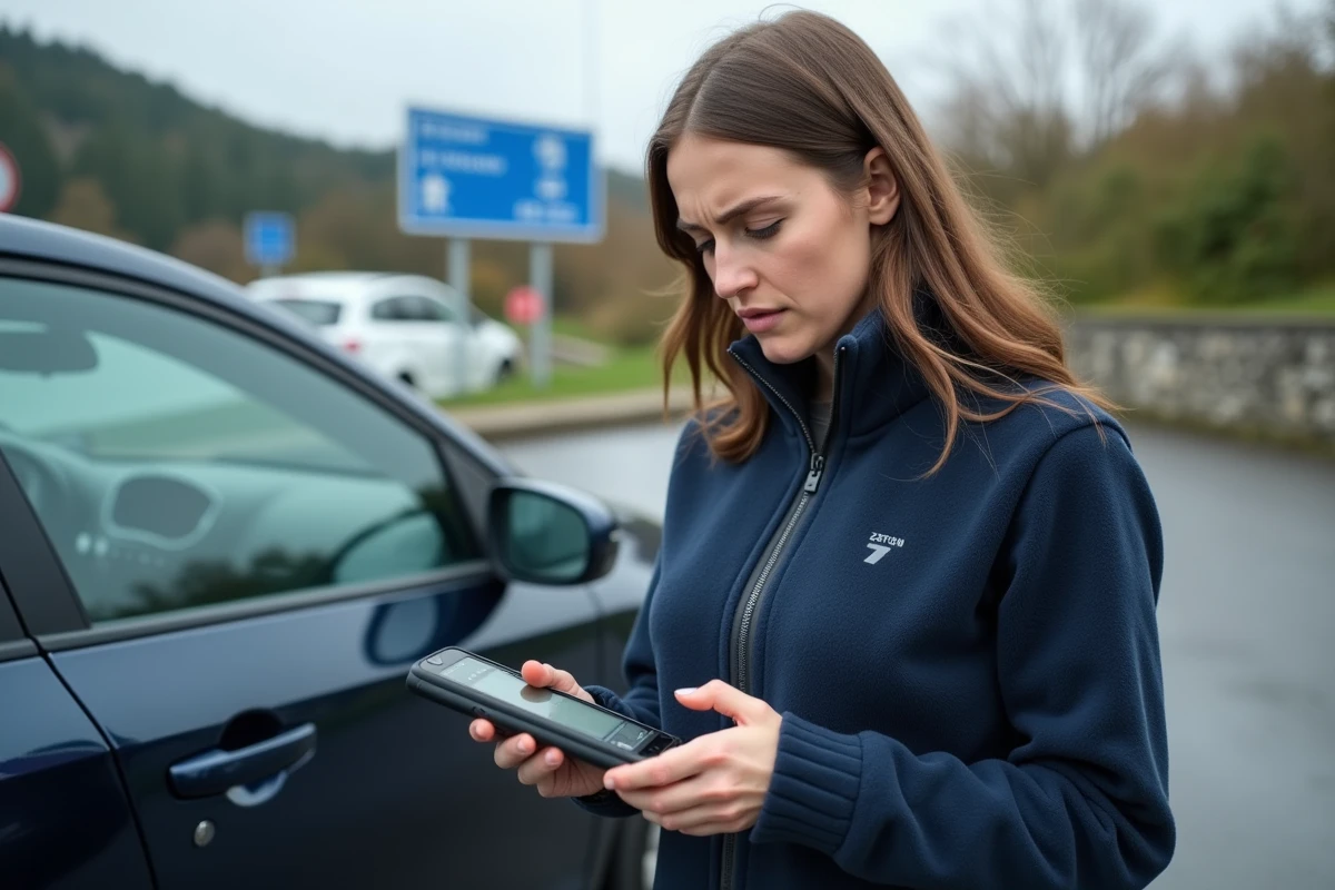 Femme réglant les unités de vitesse miles ou kilomètres sur un GPS portable près d'une voiture de location en Europe