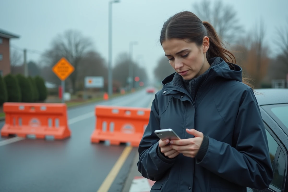 Femme perplexe consultant son GPS sur smartphone devant une route bloquée par des travaux et un radar de chantier
