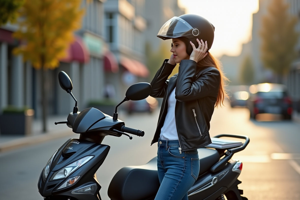 Femme ajustant son casque à côté d