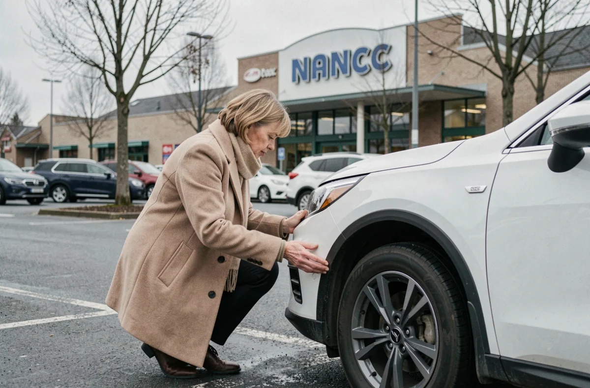 Femme inspectant sa voiture après un accrochage dans un parking à Nancy en hiver