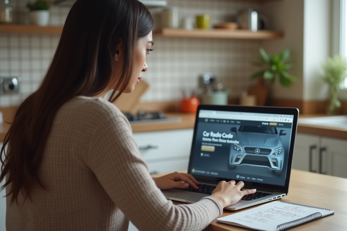 Jeune femme au smartphone cherchant code radio dans la cuisine