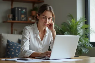Jeune femme française étudie un document PDF au bureau