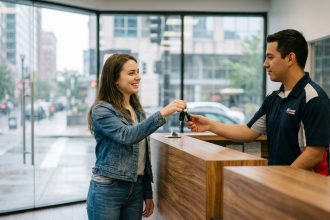 Jeune femme souriante remettant les clés d'une voiture