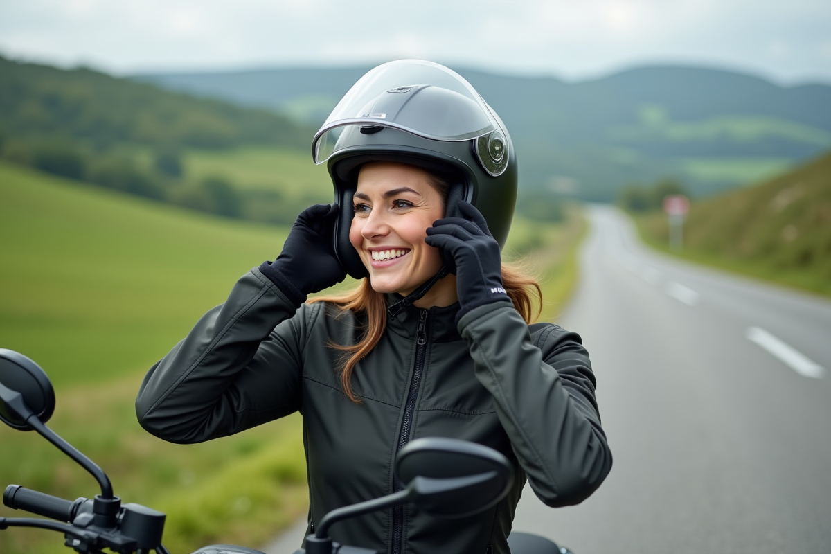 Femme souriante ajustant son casque moto en nature