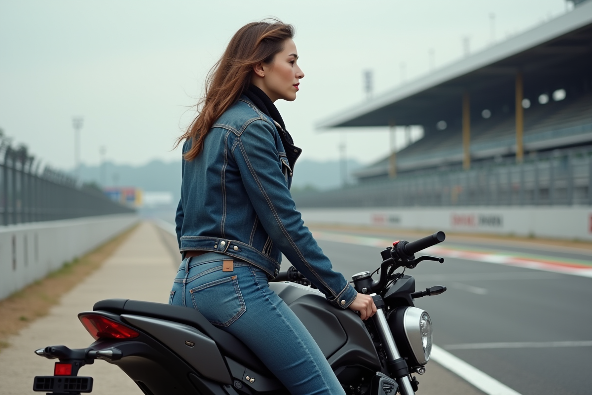Femme en veste moto assise près d