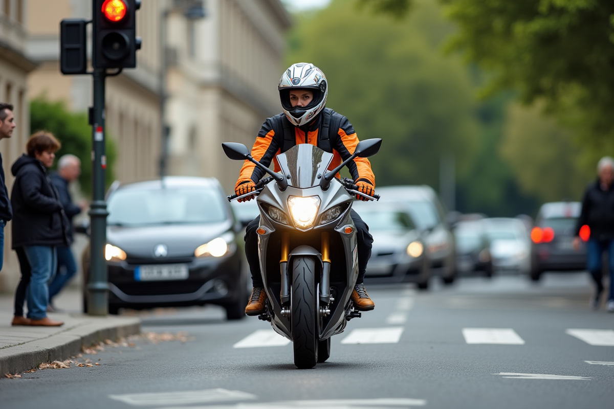 Femme motard en pause à un feu rouge en banlieue