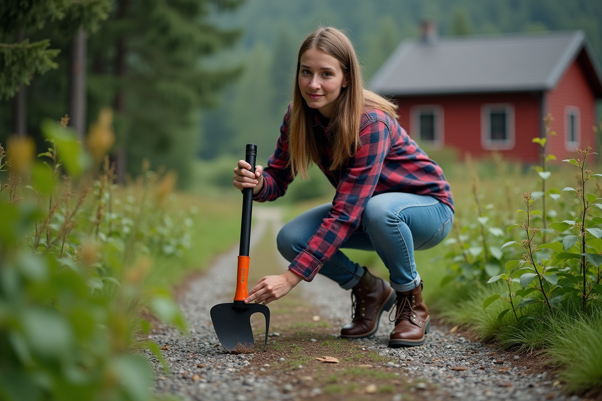 Jeune femme testant un outil de jardin orange en nature