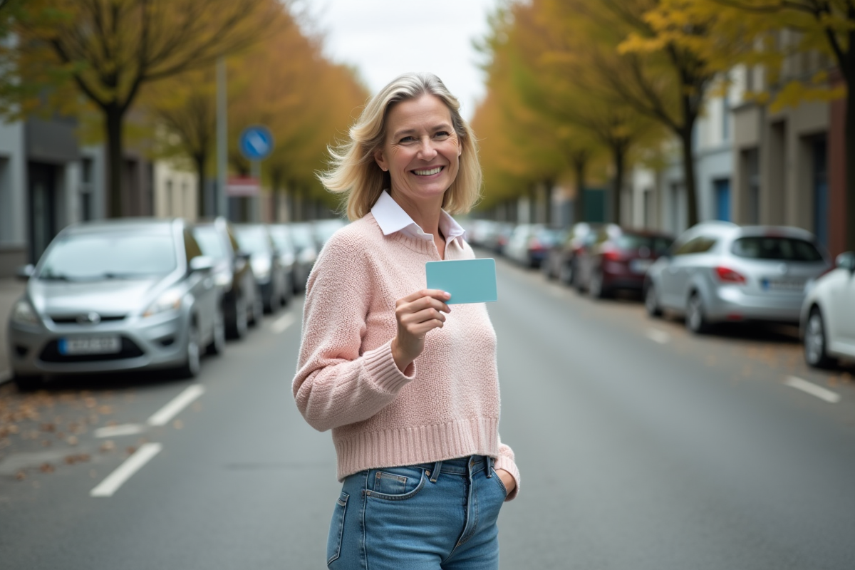 Femme souriante avec permis de conduire dans la rue