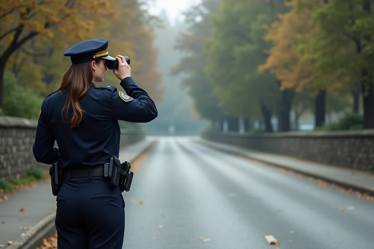 Officier de police observant la route avec un radar