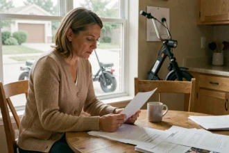 Femme consultant des documents de prêt CAF à domicile avec une voiture sans permis visible en arrière-plan