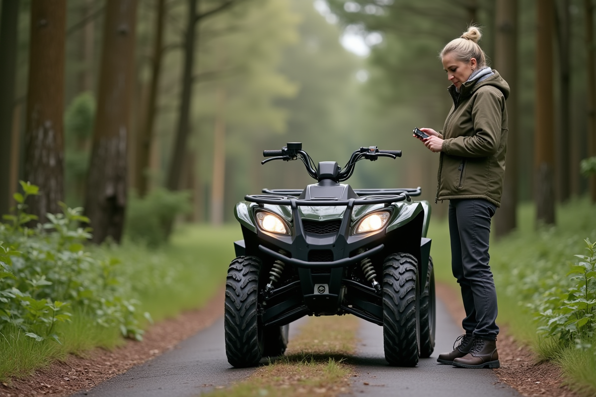 Femme observant son quad dans la forêt française