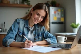Femme souriante remplissant un formulaire de changement d'adresse