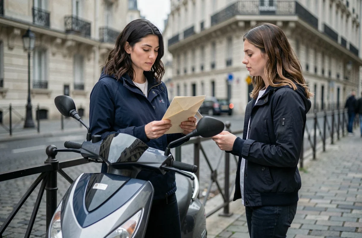 Femme tenant une lettre de résiliation d'assurance devant son scooter dans une rue parisienne