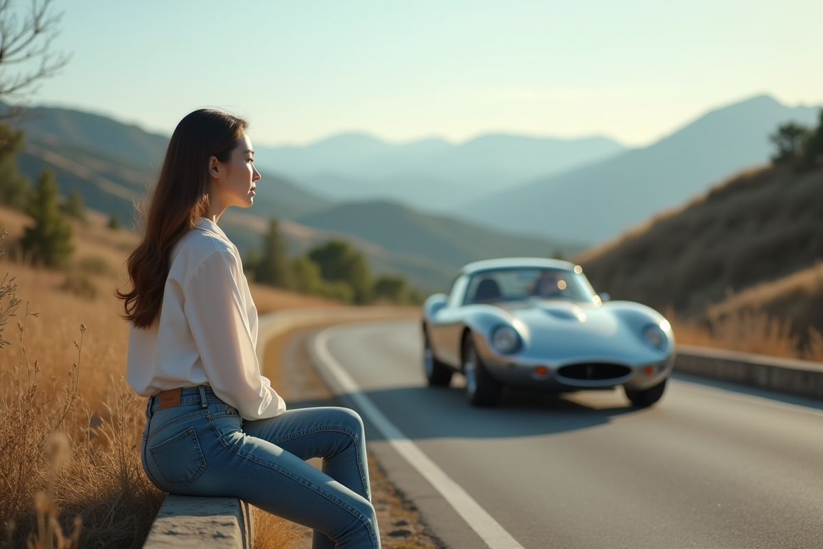 Femme assise regardant une voiture de sport sur la route