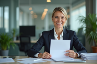 Femme d'affaires souriante tenant un document d'assurance