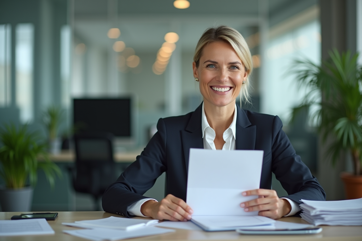 Femme d'affaires souriante tenant un document d'assurance