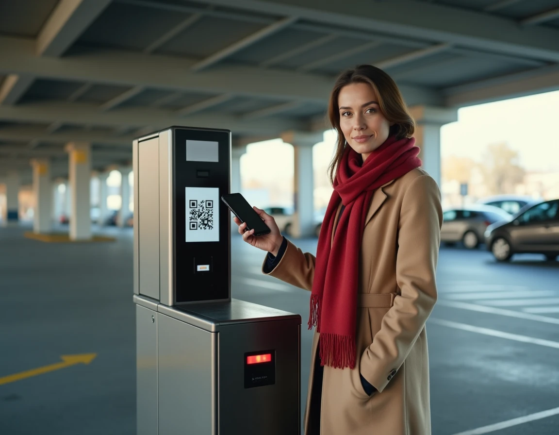 Femme scannant un QR code de réservation de parking au Stade de France à la borne d'entrée