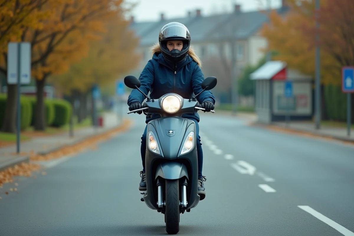 Femme portant un casque homologué conduisant un scooter 125cc sur une route suburbaine en automne