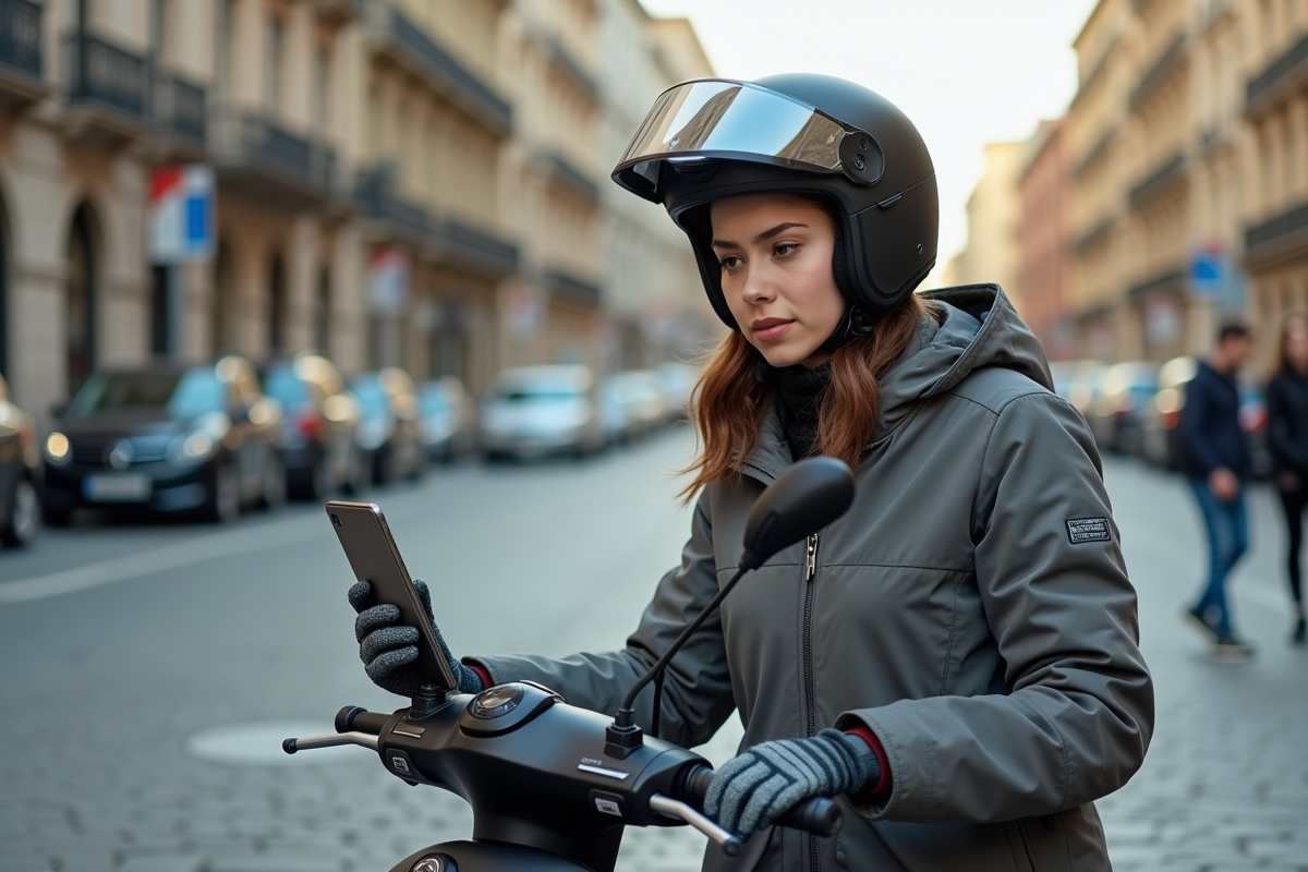 Jeune femme en scooter utilisant la navigation en ville