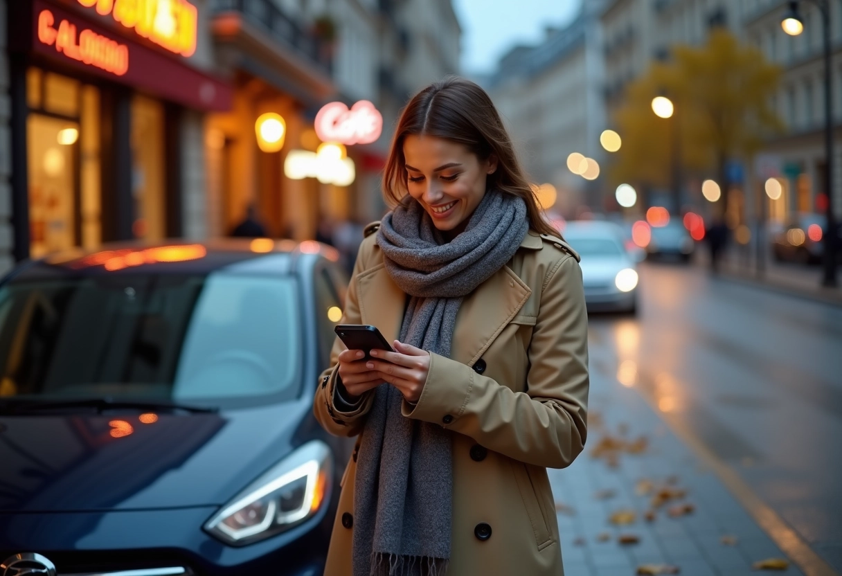Femme souriante regardant son smartphone en ville