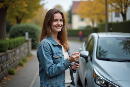 Femme souriante en denim offrant ses clés de voiture