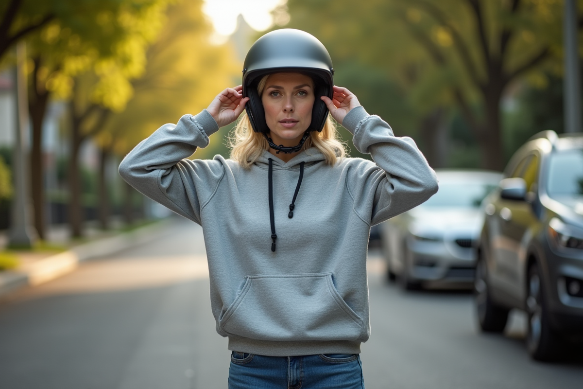 Femme ajustant le casque de son scooter en extérieur