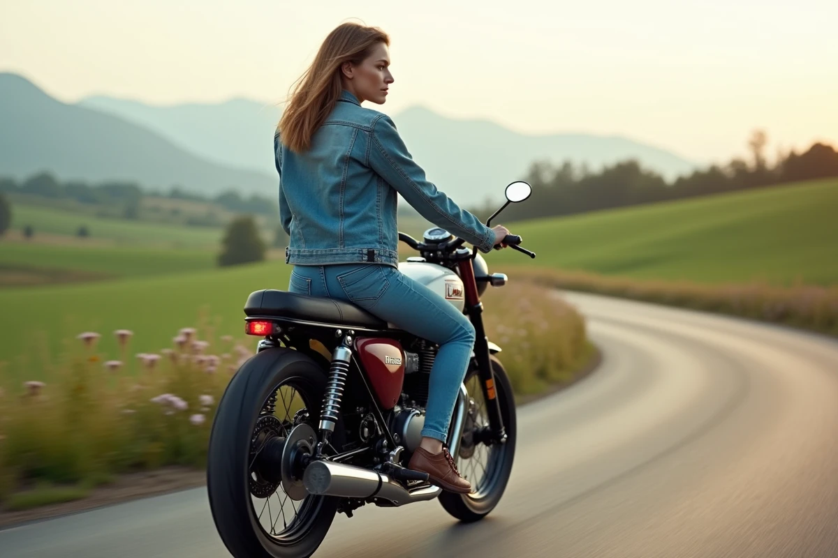 Jeune femme roulant sur une Honda XLV750R en campagne