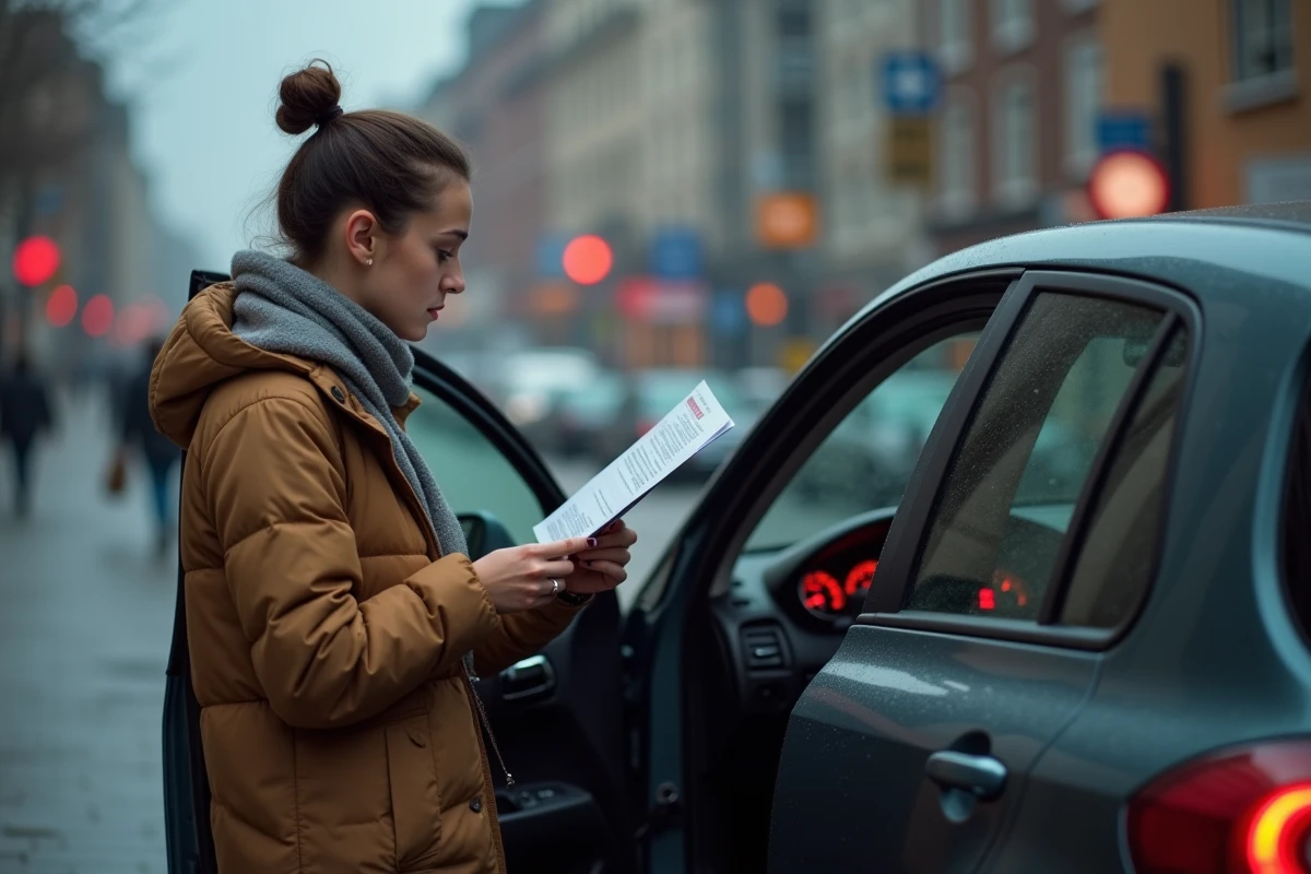 Jeune femme regardant le tableau de bord de sa voiture
