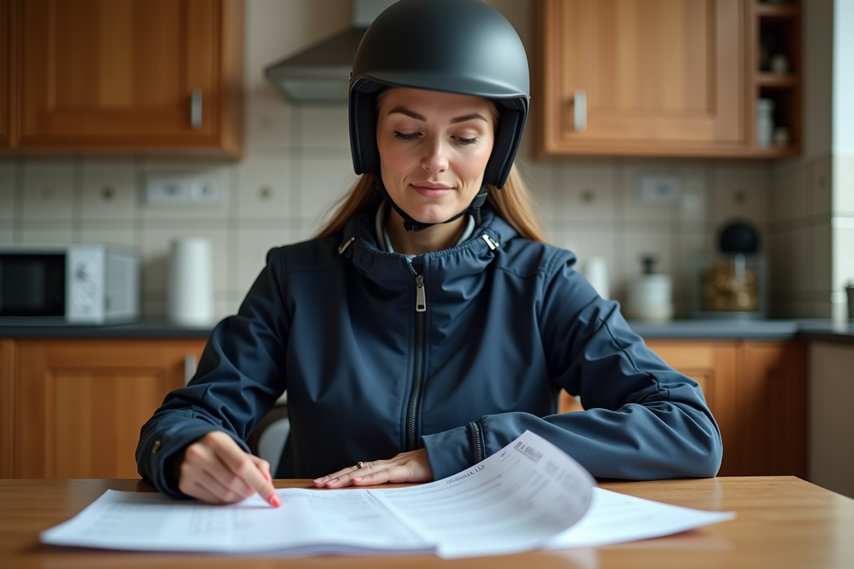 Femme vérifiant papiers de scooter en cuisine