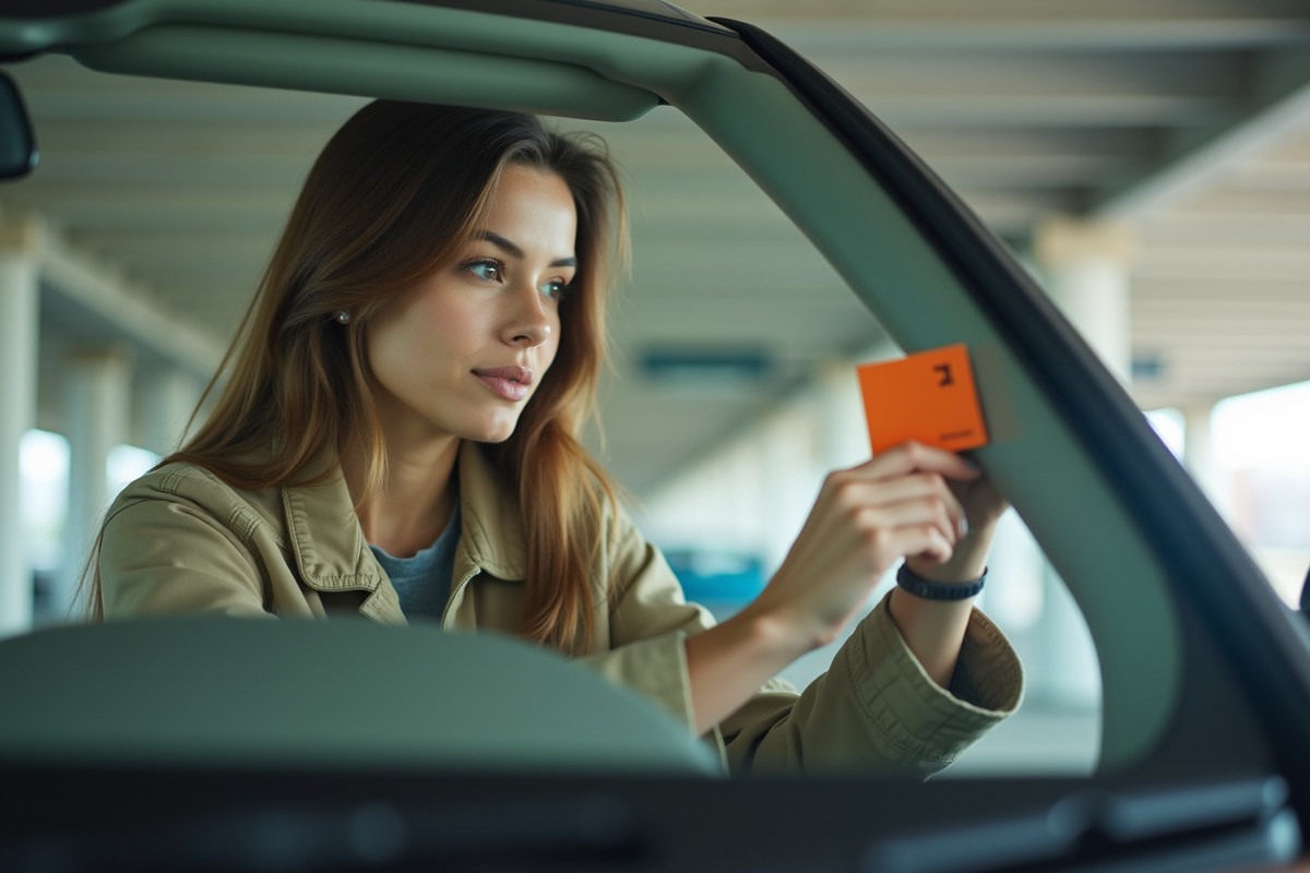 Jeune femme posant une vignette Crit’Air sur le parebrise