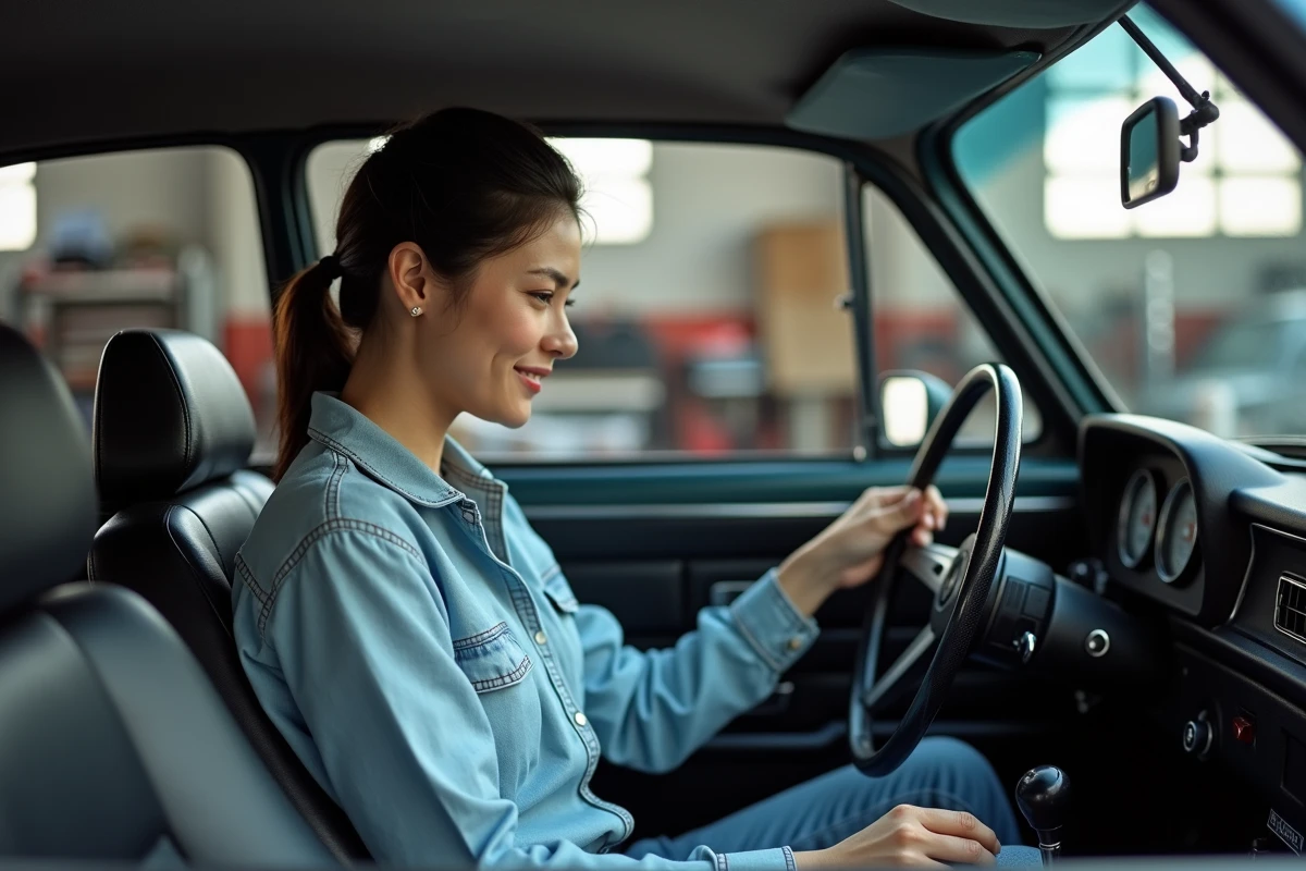 Femme examinant le tableau de bord d