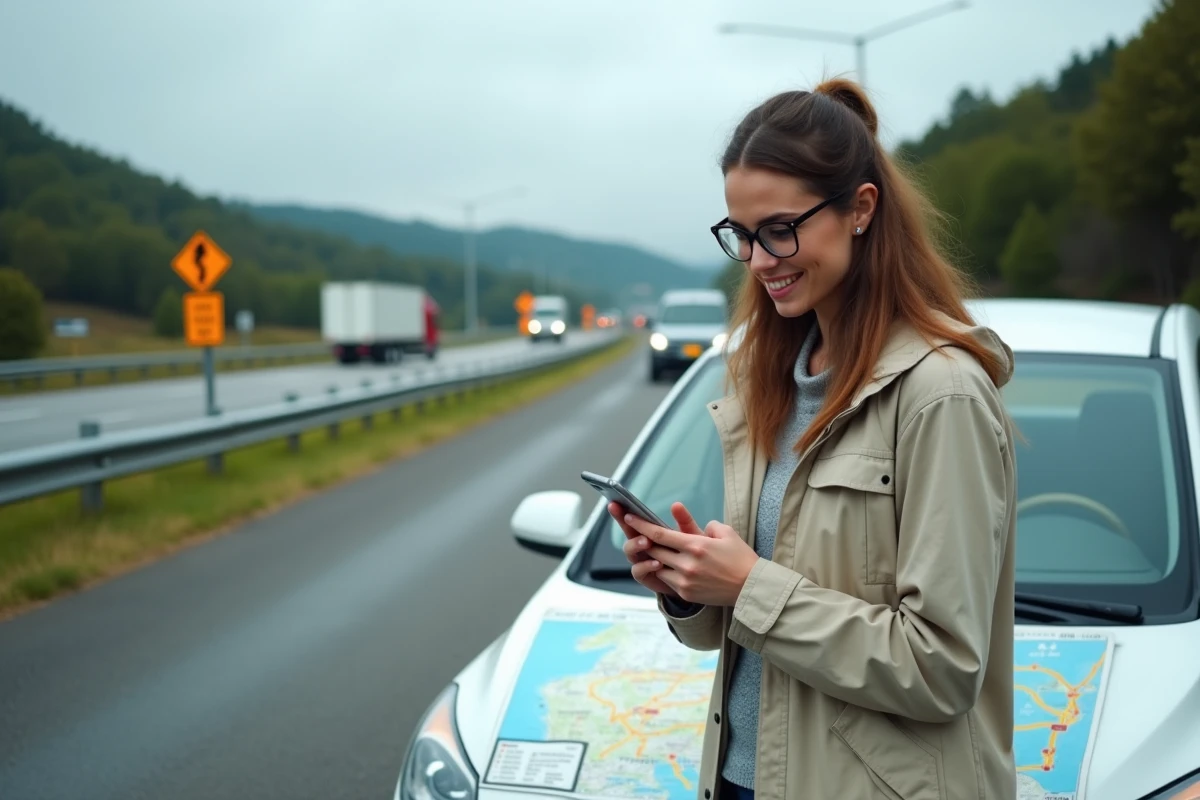 Jeune femme vérifiant son application de route au stop