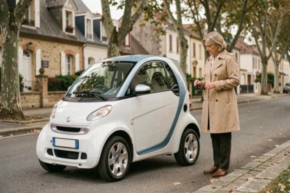 Femme à côté d'une voiture sans permis blanche dans une rue résidentielle française