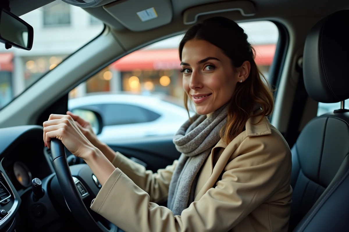 Femme dans une voiture urbaine regardant par la fenêtre