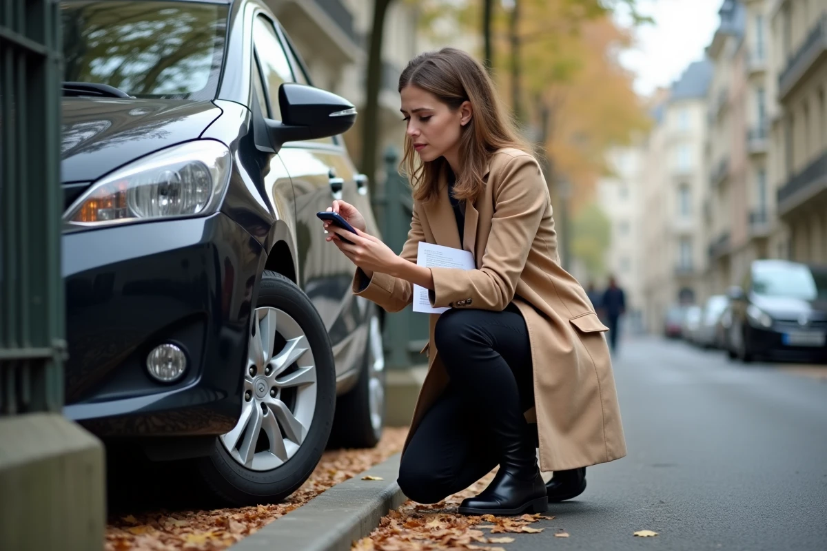 Jeune femme inspectant sa voiture dans une rue parisienne automnale